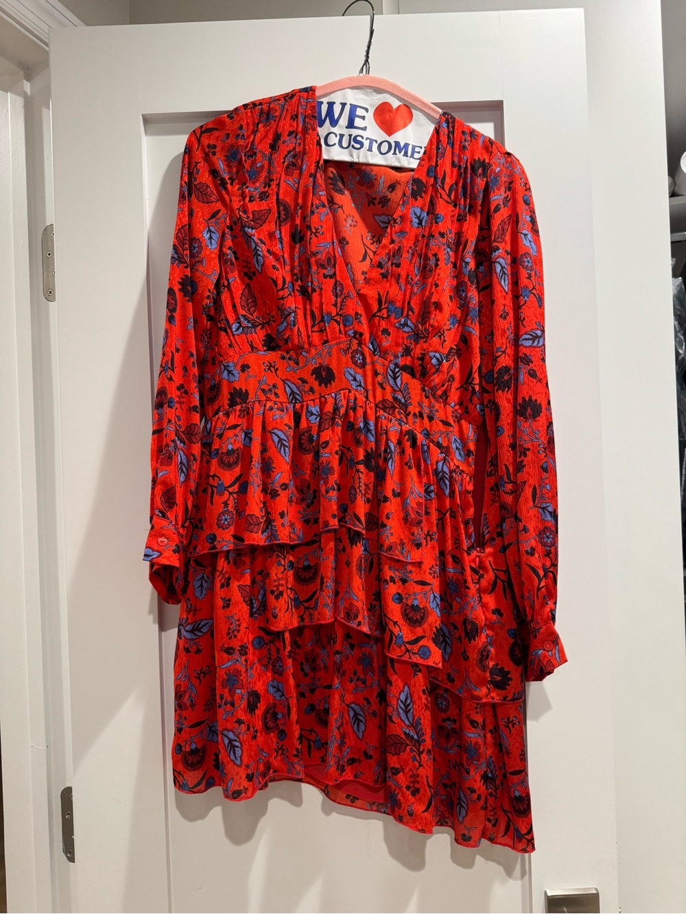 Zara Red Floral Tiered Dress with Blue Accents